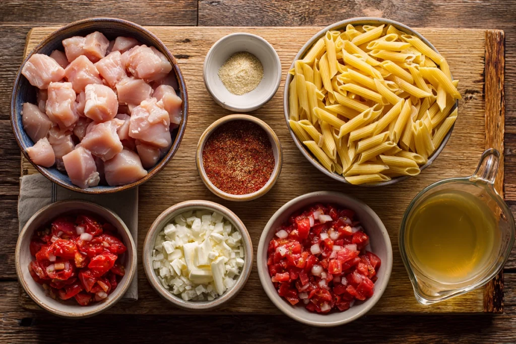 Ingredients for Creamy Cajun Chicken Pasta arranged on a wooden board