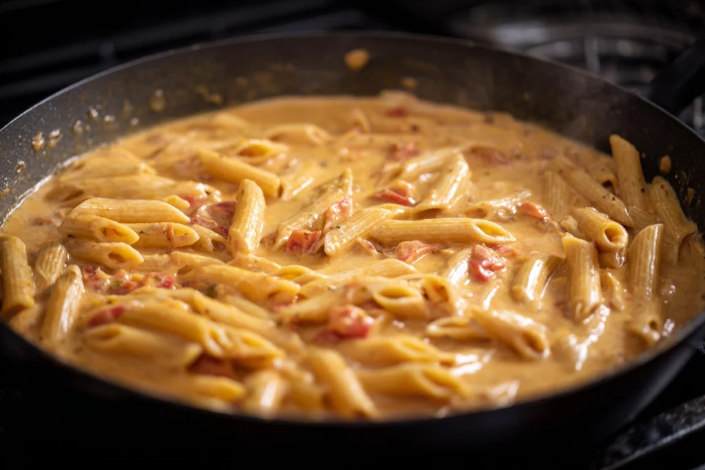 Pasta simmering in creamy sauce for Creamy Cajun Chicken Pasta