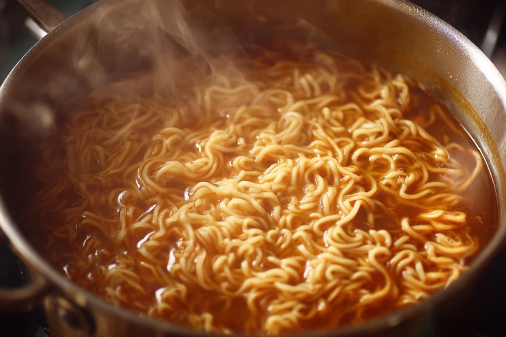 Creamy broth forming in Fiery Chicken Ramen With Creamy Garlic Sauce