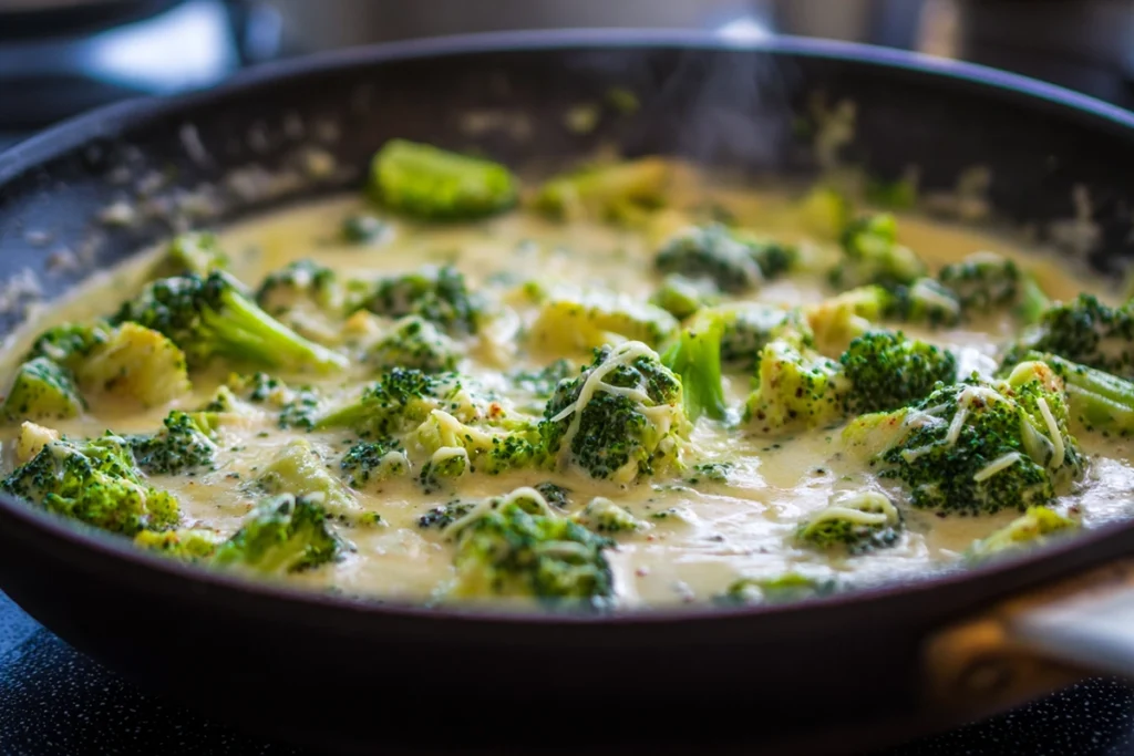 Creamy sauce forming in a skillet for Creamy Broccoli And Chicken Penne