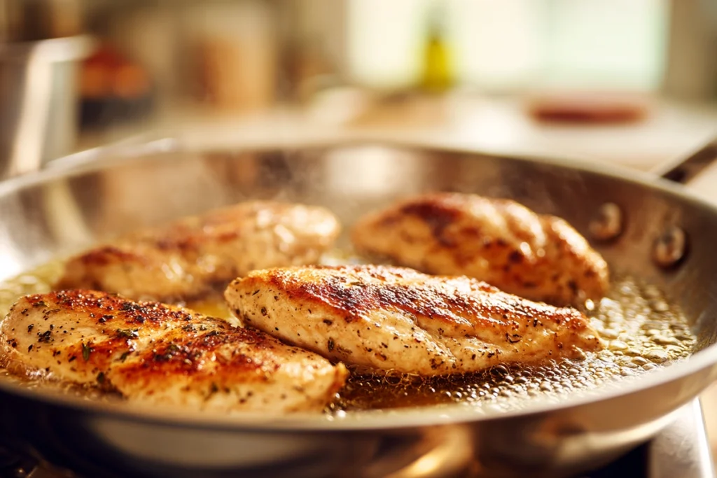 Lemon Garlic Butter Chicken with Creamy Parmesan Pasta for Cozy Nights In 8 Chicken breasts searing in a skillet for Lemon Garlic Butter Chicken with Creamy Parmesan Pasta