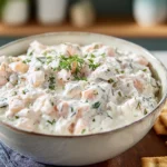 creamy shrimp dip served in a ceramic bowl on a kitchen counter