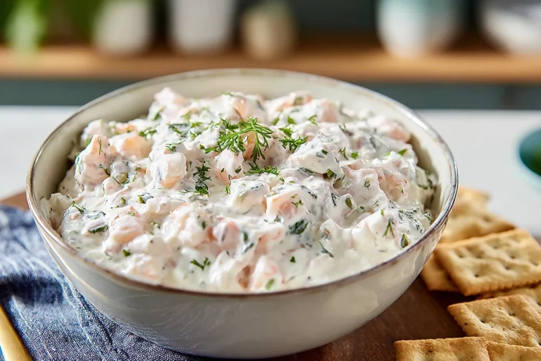 creamy shrimp dip served in a ceramic bowl on a kitchen counter