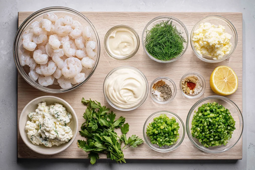 ingredients for creamy shrimp dip arranged neatly on a kitchen counter