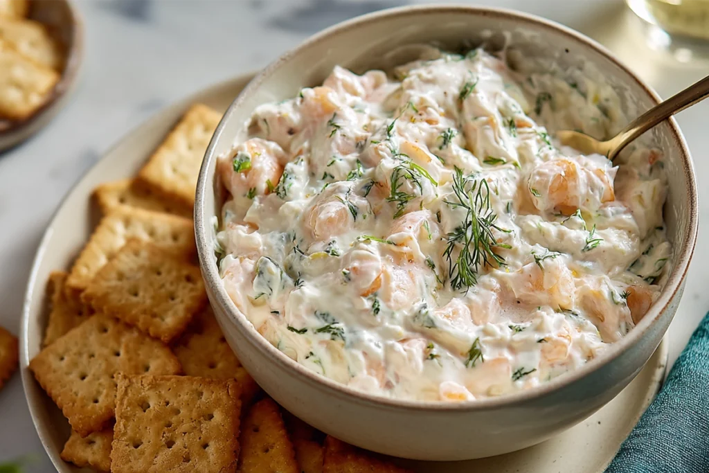 creamy shrimp dip served with crackers ready to eat