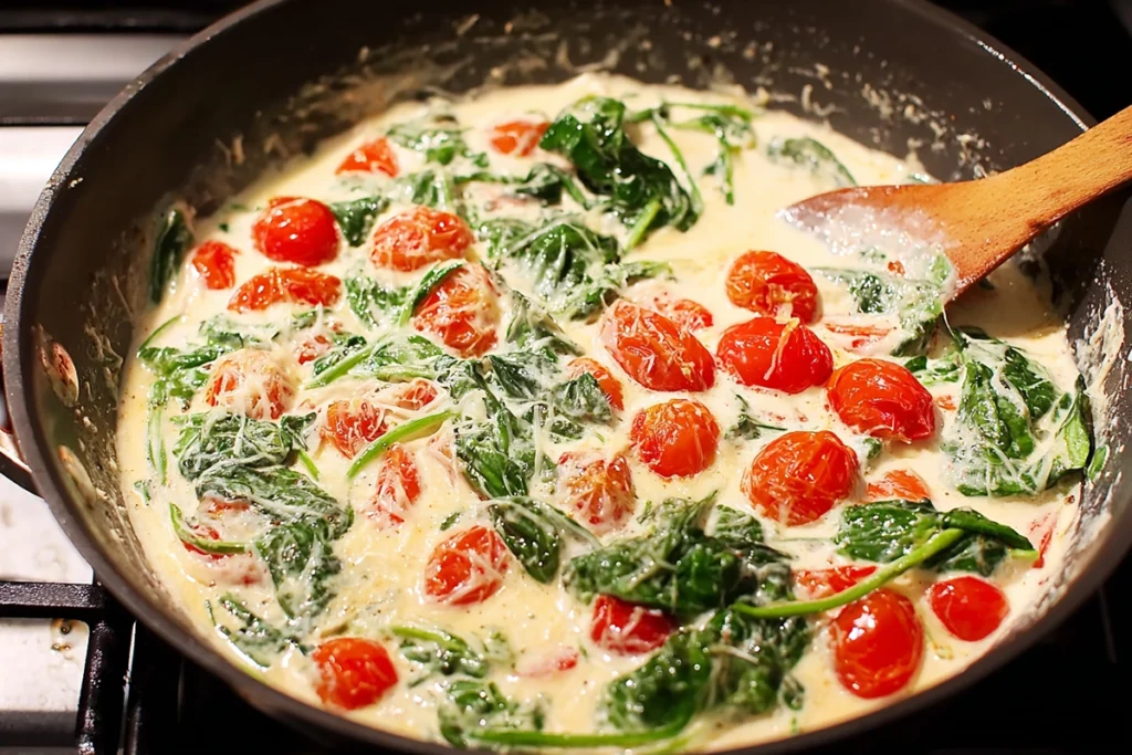 Creamy Tuscan sauce simmering for Tuscan Chicken Pasta