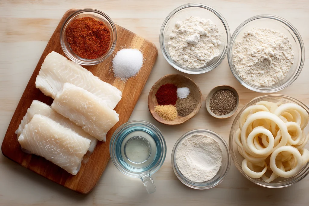 Ingredients for Crispy Battered Cod And Onion Rings Platter arranged overhead