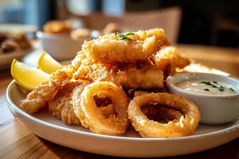 Crispy Battered Cod And Onion Rings Platter served fresh on a modern plate