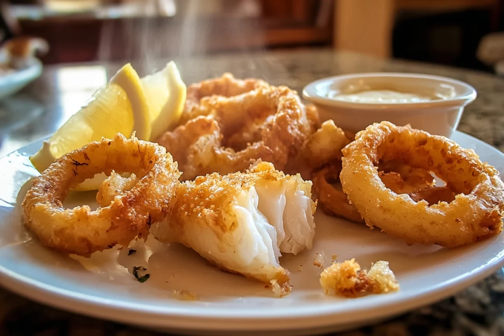 Crispy Battered Cod And Onion Rings Platter served hot and flaky