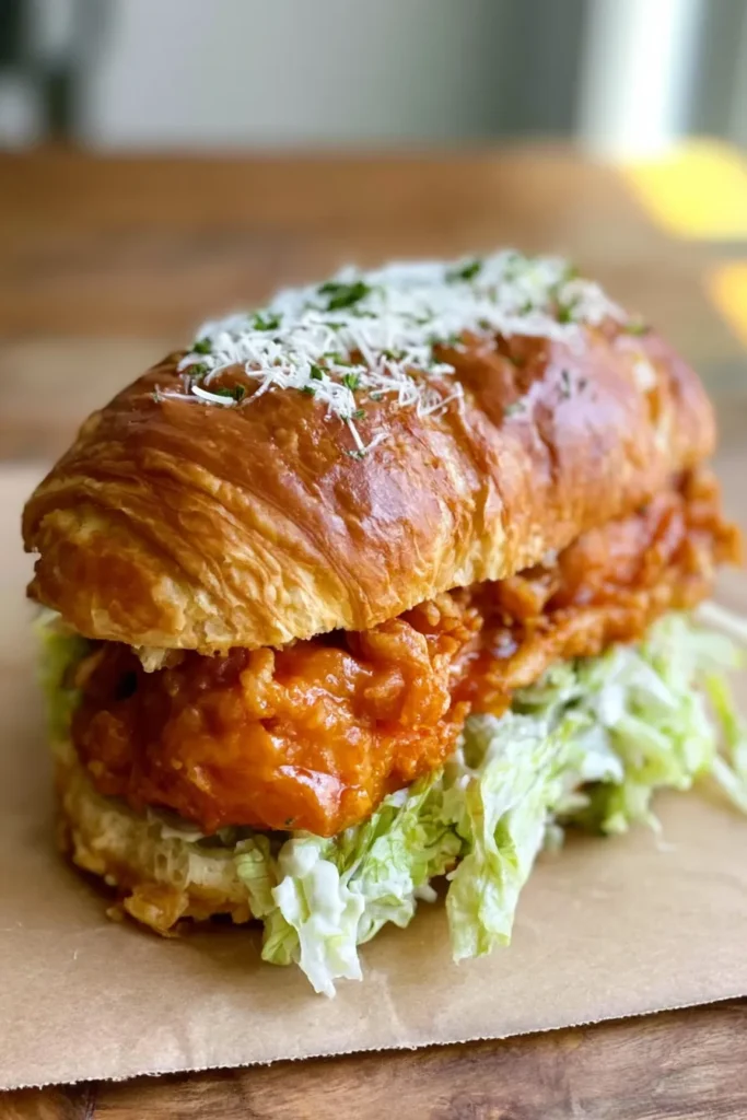 Chicken Caesar Croissant Sandwich with Crispy Hot Honey Chicken 2 Crispy Chicken Caesar Croissant Sandwich with hot honey glaze and Parmesan lettuce