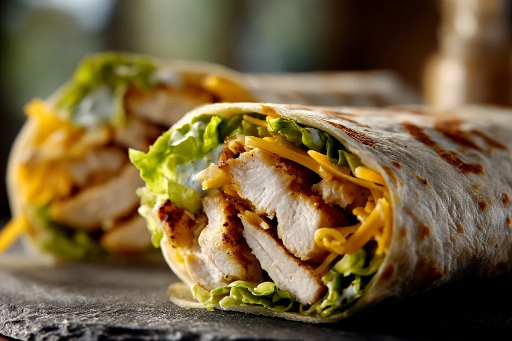 Close-up texture of Crispy Chicken Ranch Snack Wrap showing crispy chicken and ranch