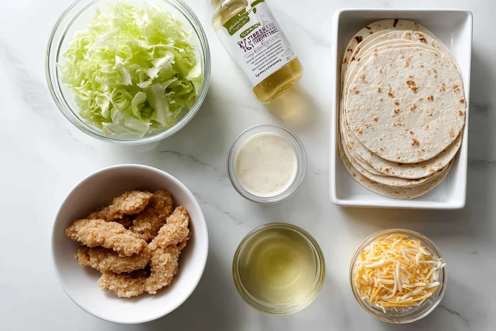 Overhead ingredients for Crispy Chicken Ranch Snack Wrap including chicken, lettuce, cheese, and tortillas