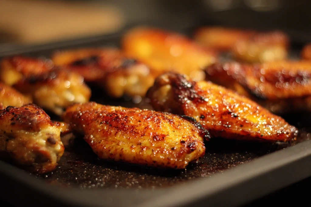 Crispy griddle wings recipe showing golden skin after flipping on the griddle