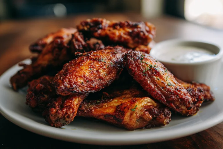 Crispy griddle wings recipe served on a ceramic plate in a cozy home kitchen