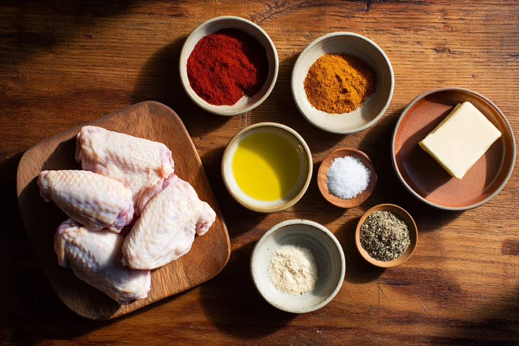 Ingredients for crispy griddle wings recipe arranged on a wooden counter