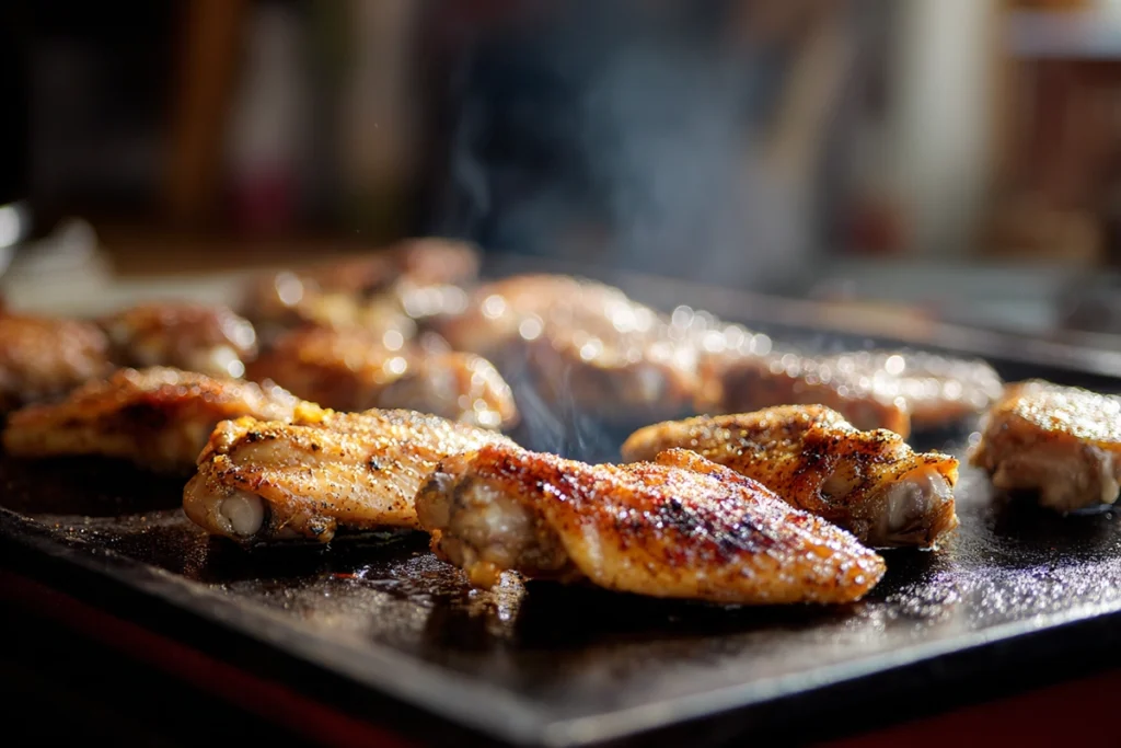 Crispy griddle wings recipe starting skin-side down on a hot flat-top griddle