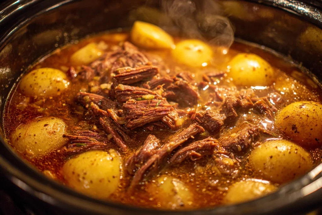 Fully cooked Crockpot Loaded Steak And Potato Bake Recipe before adding cheese