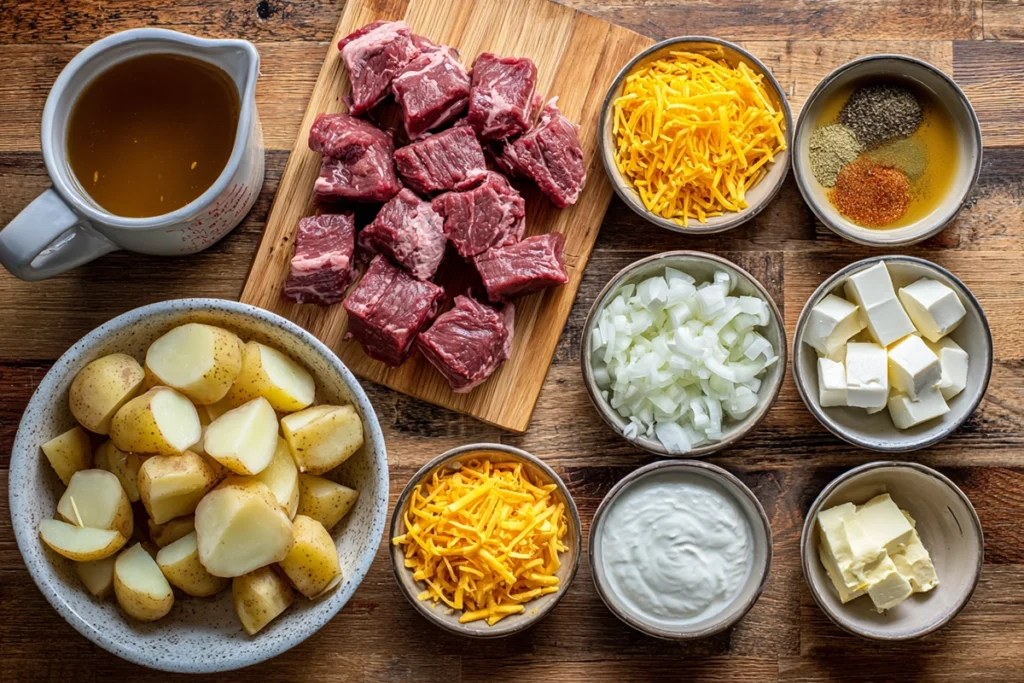 Ingredients for Crockpot Loaded Steak And Potato Bake Recipe arranged in a cozy home kitchen