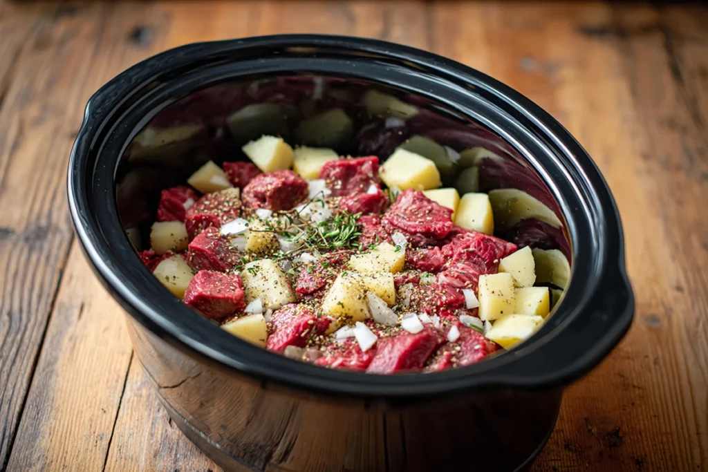 Layering steak and potatoes for Crockpot Loaded Steak And Potato Bake Recipe in a slow cooker