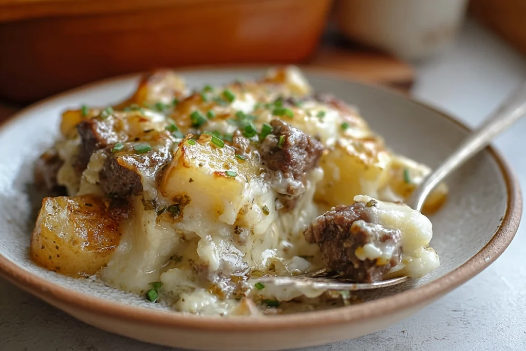 Crockpot Loaded Steak And Potato Bake Recipe served warm with melted cheese