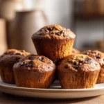 Dark Chocolate Banana Bread Muffins served warm on a ceramic plate