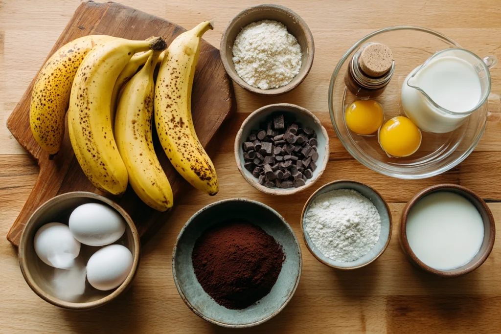 Dark Chocolate Banana Bread Muffins for Cozy Mornings 7 Ingredients for Dark Chocolate Banana Bread Muffins arranged on a wooden counter