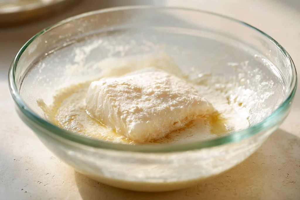 Cod fillet being dipped in batter for Crispy Battered Cod And Onion Rings Platter
