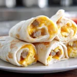 easy sausage egg and cheese roll-ups on plate with melted cheddar