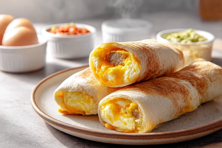 Easy Sausage Egg & Cheese Roll-Ups served warm on a plate