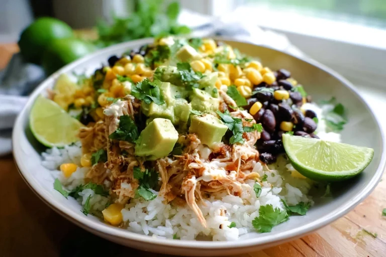 Easy Slow Cooker Chicken Burrito Bowl served with rice, beans, corn, and avocado