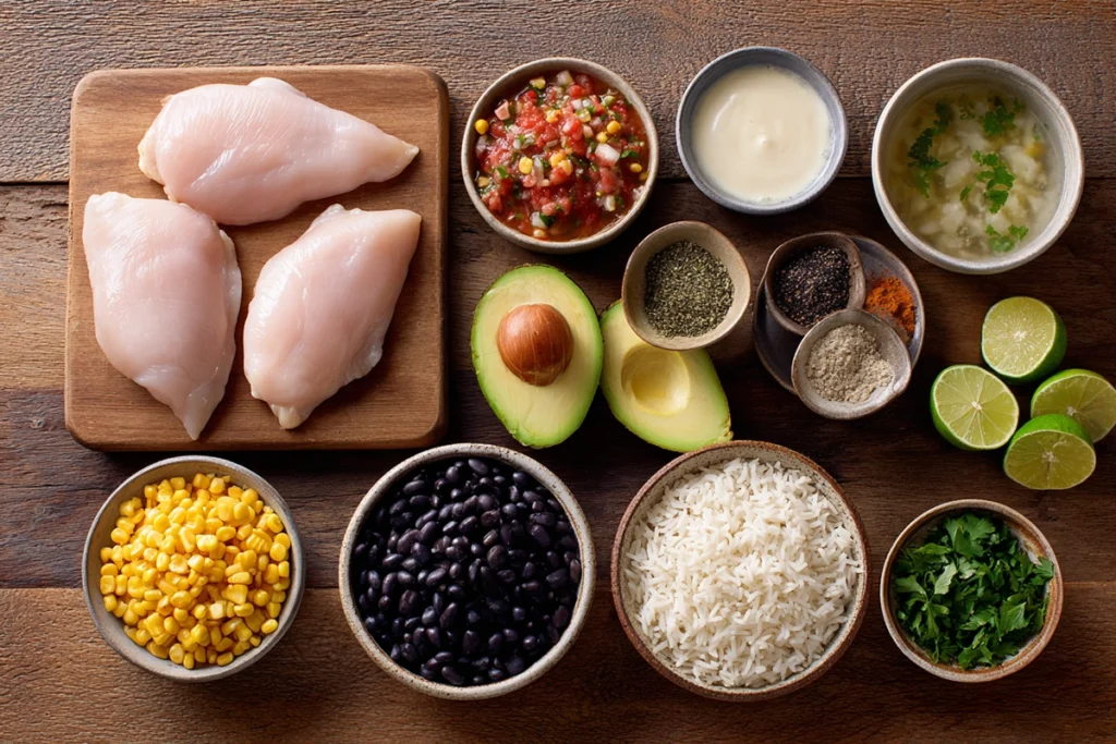 Ingredients for Easy Slow Cooker Chicken Burrito Bowl arranged on a kitchen counter