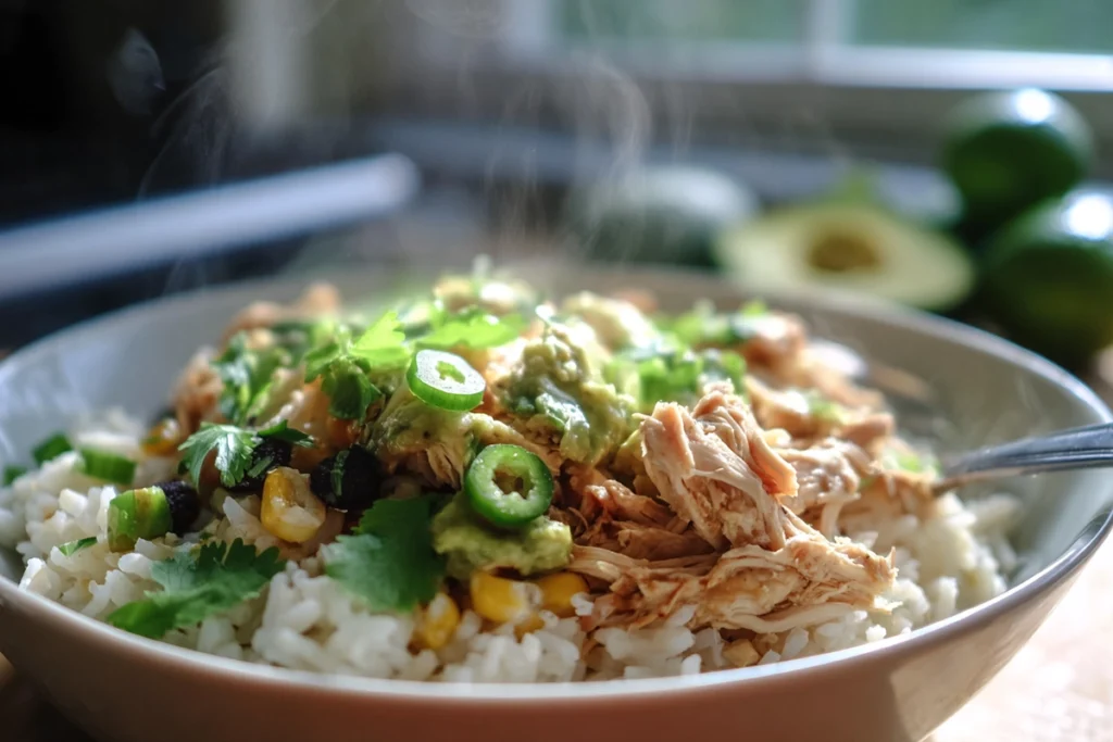 Easy Slow Cooker Chicken Burrito Bowl served warm and ready to eat