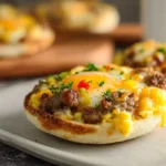 English Muffin Breakfast Pizza served on a modern plate in a bright kitchen
