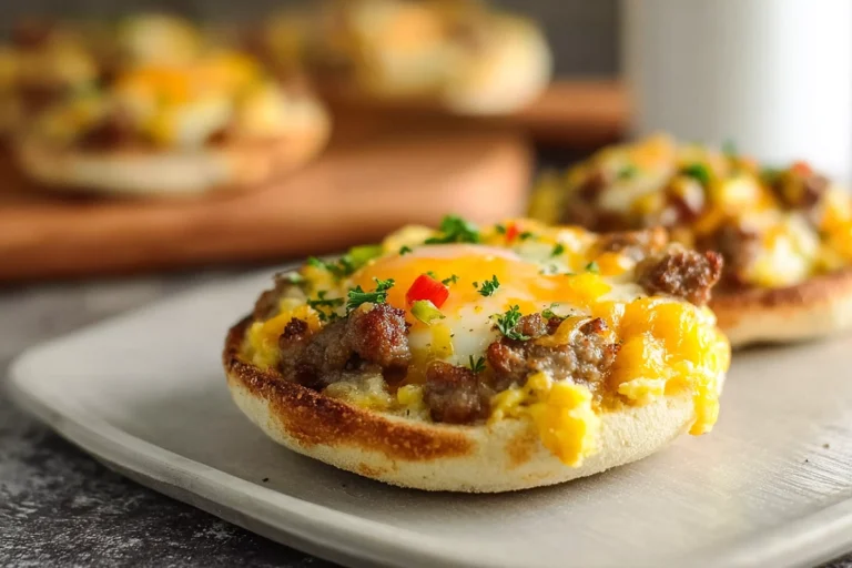 English Muffin Breakfast Pizza served on a modern plate in a bright kitchen