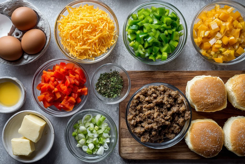 Overhead ingredients layout for English Muffin Breakfast Pizza