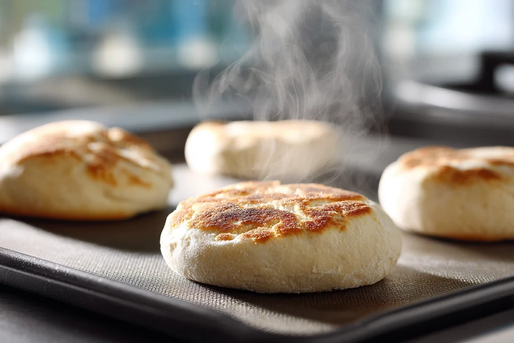 Toasting English muffins for English Muffin Breakfast Pizza recipe
