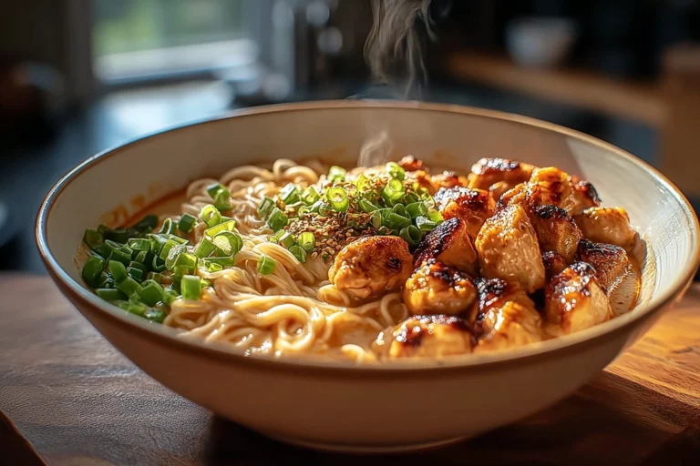 Fiery Chicken Ramen With Creamy Garlic Sauce served in a cozy home kitchen