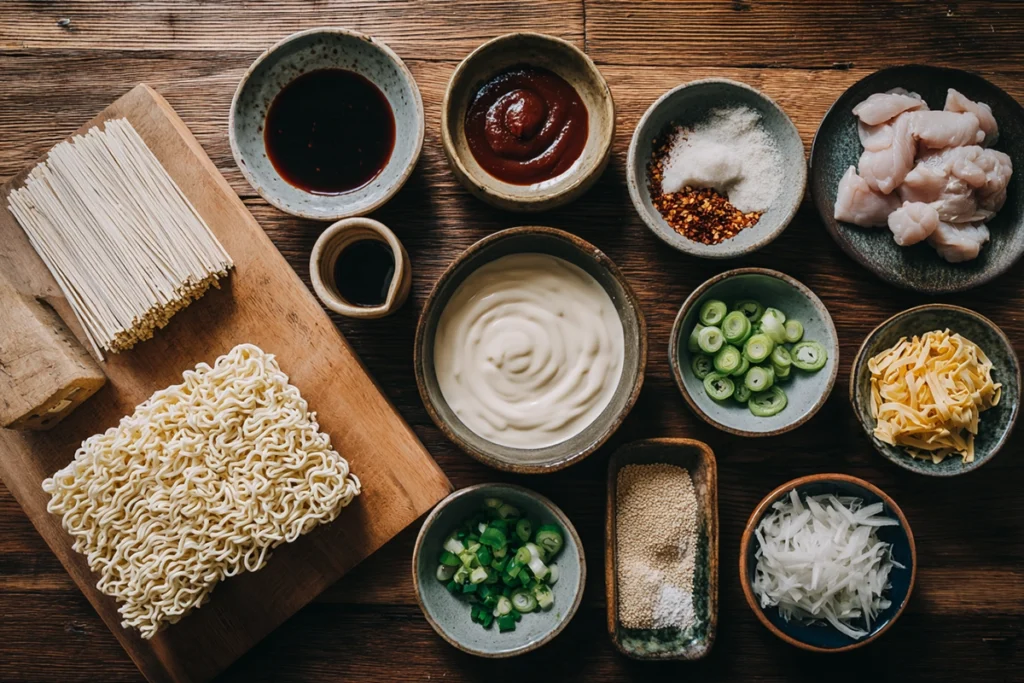 Ingredients for Fiery Chicken Ramen With Creamy Garlic Sauce arranged on a kitchen counter