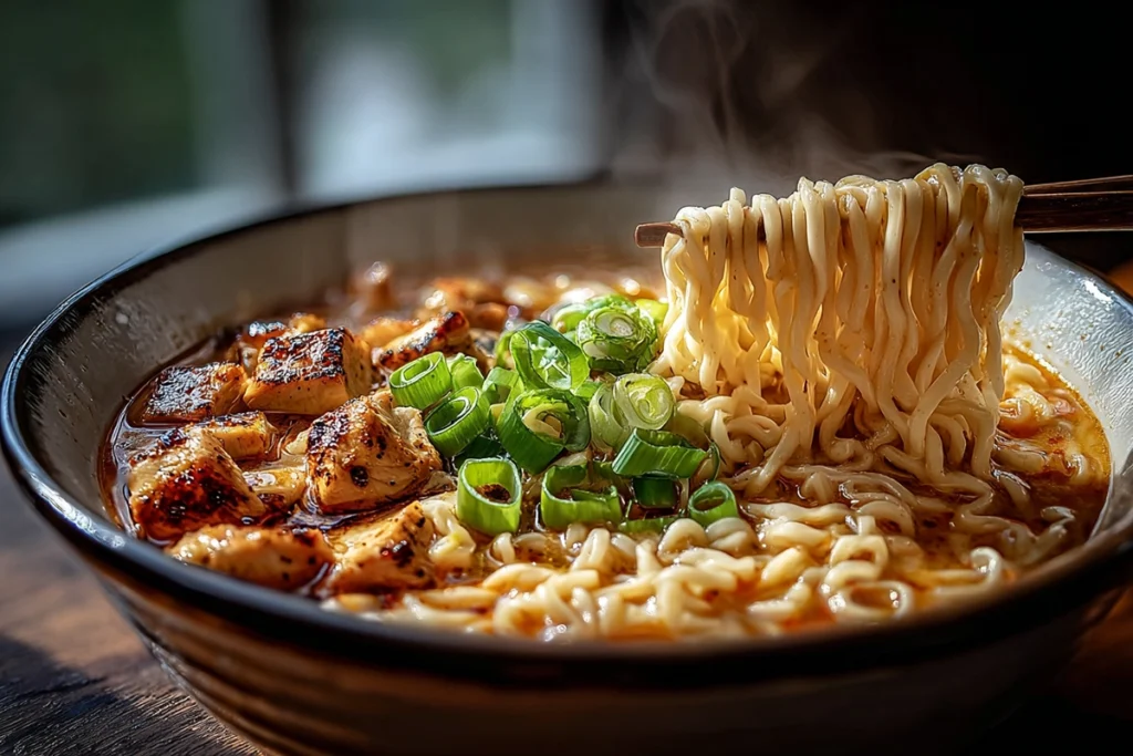 Fiery Chicken Ramen With Creamy Garlic Sauce ready to eat