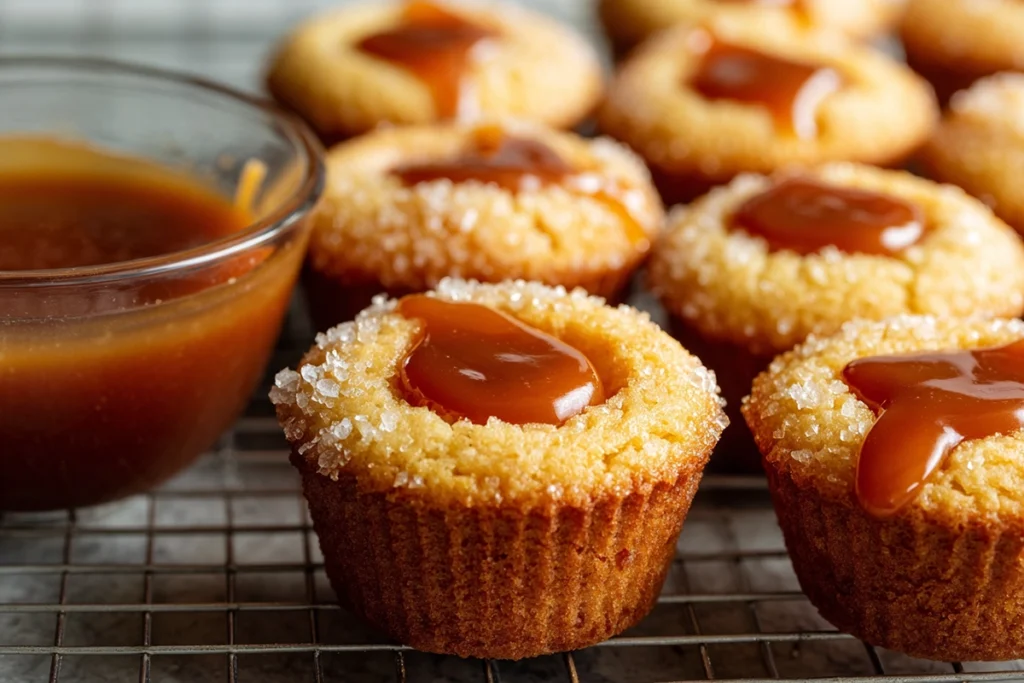 Filling salted caramel cupcakes with thick caramel sauce