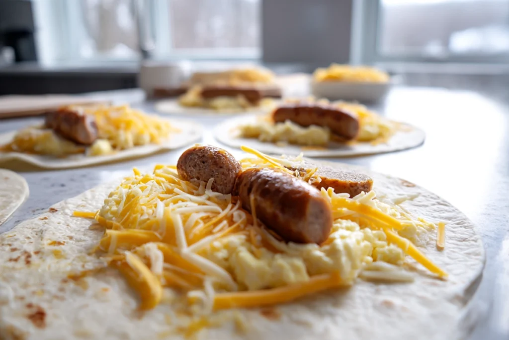 Easy Sausage Egg & Cheese Roll-Ups being assembled before baking