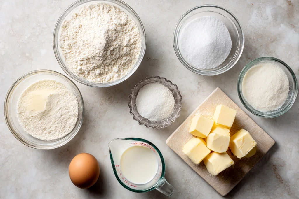 Ingredients for fluffy buttermilk scones arranged neatly overhead