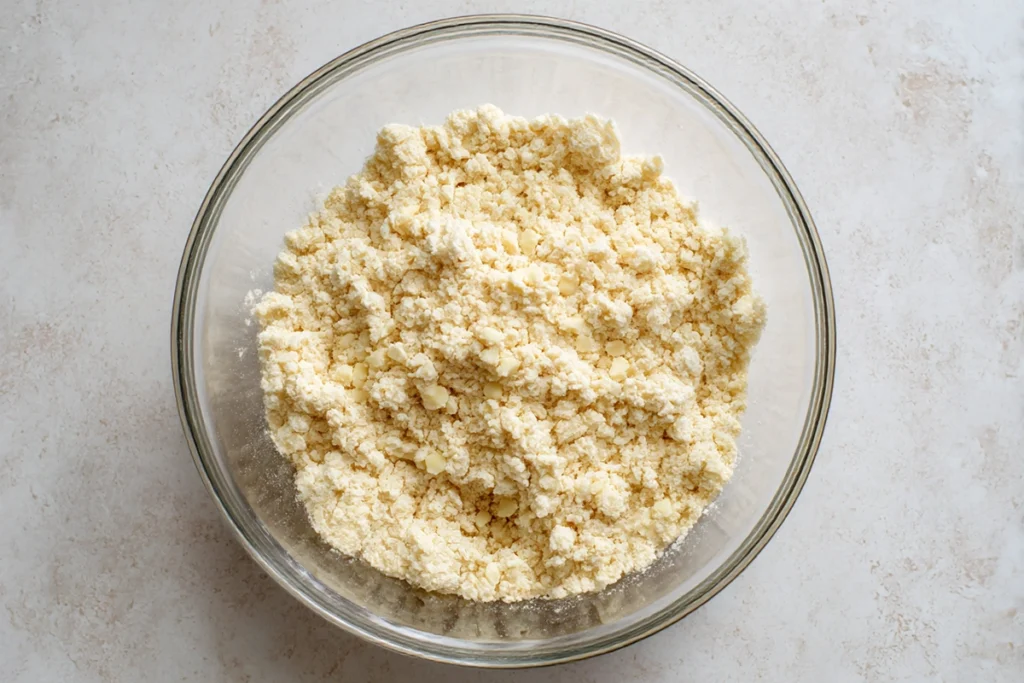 Butter rubbed into flour for fluffy buttermilk scones dough
