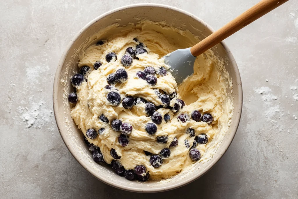 Folding blueberries into batter for White Chocolate Blueberry Cupcakes