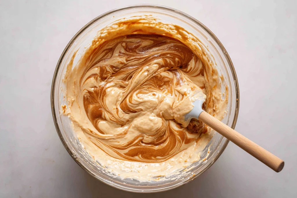 Maple Pecan Cinnamon Roll Cupcakes Cupcakes That Taste Like a Cozy Weekend Morning 8 Folding cinnamon swirl into batter for Maple Pecan Cinnamon Roll Cupcakes