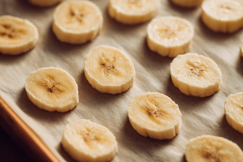 Banana slices laid out on a tray for freezing to make healthy chocolate nice cream