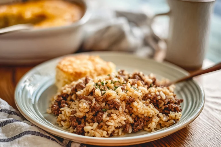 French Onion Ground Beef and Rice Casserole served on a ceramic plate in a cozy home kitchen