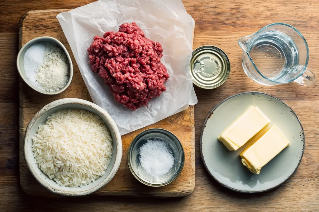 Ingredients for French Onion Ground Beef and Rice Casserole arranged on a wooden kitchen surface