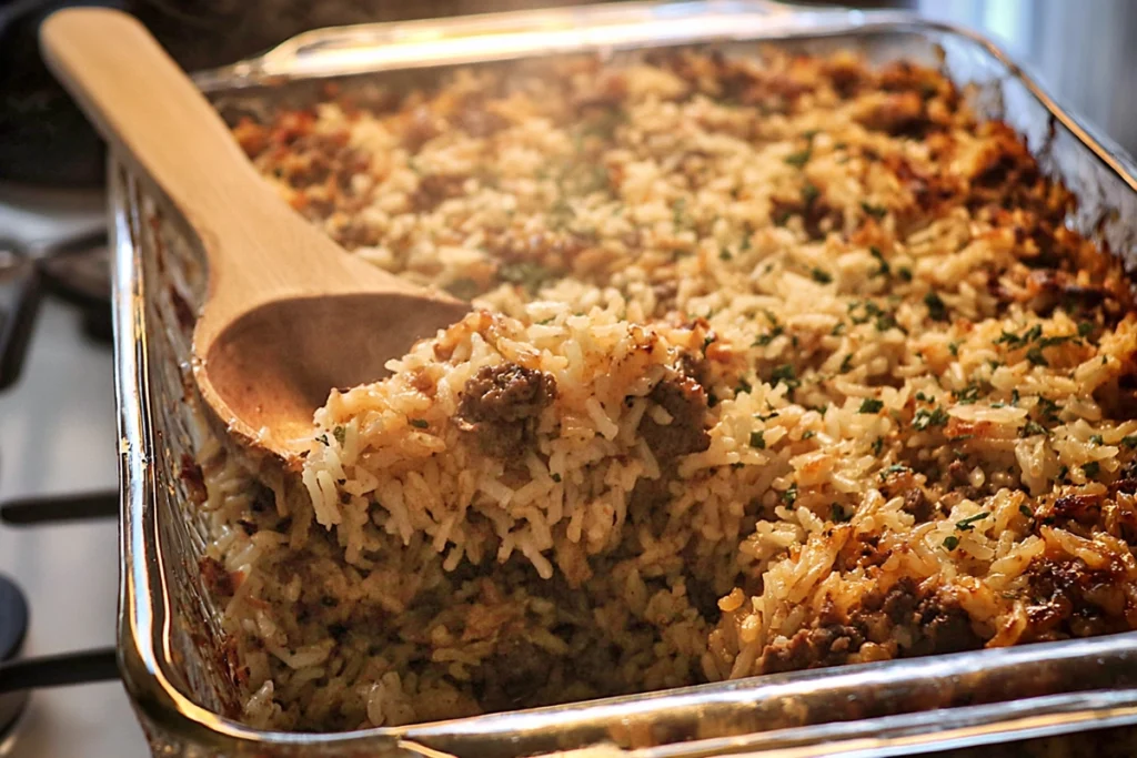 French Onion Ground Beef and Rice Casserole served warm straight from the baking dish