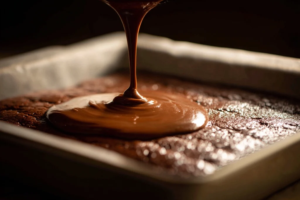 Pouring chocolate frosting over warm Lunch Lady Brownies in the baking pan